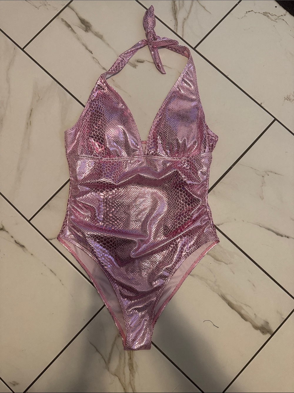 Halter One-Piece Swimsuit in Metallic Lavender Pink
